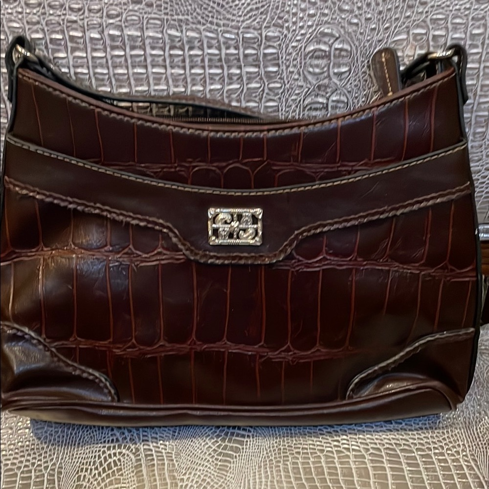 BUENO Croc-Embossed Leather Shoulder Bag - Dark Brown